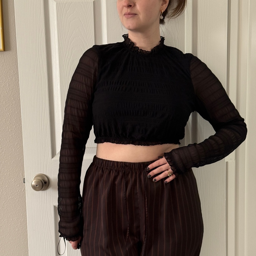 Bebe Black Ruffled‎ Sheer Top